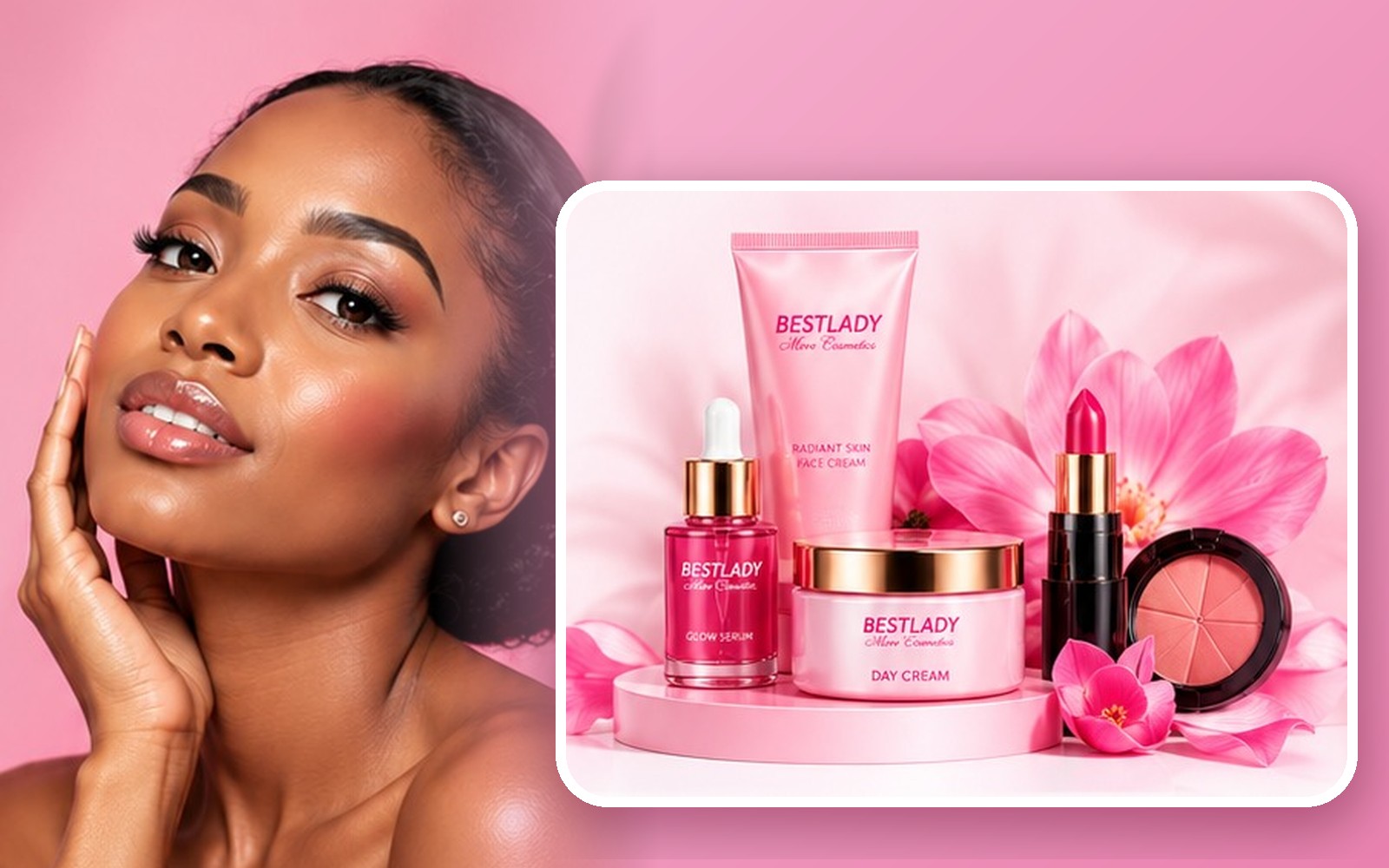 Bestlady skincare and makeup products with a model wearing Bestlady cosmetics